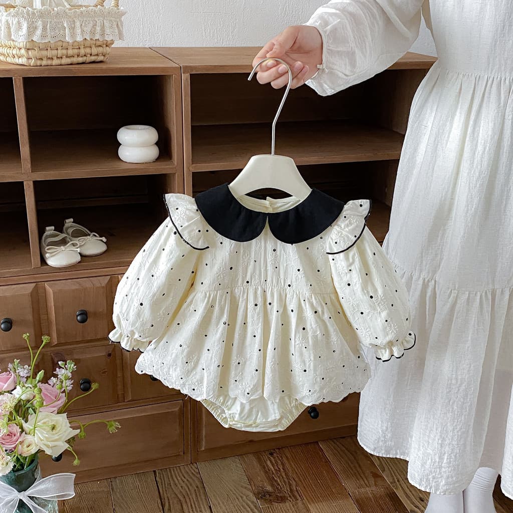 Macacão de bebê outono inverno novo estilo versão coreana bebê menina bolinhas renda macacão de bebê elegante vestido de