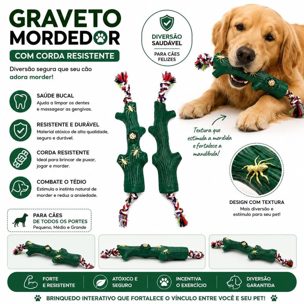Brinquedo Pet Graveto com Corda Resistente - Kit 2 unidades, Antiestresse para Cães Pequenos e Médios