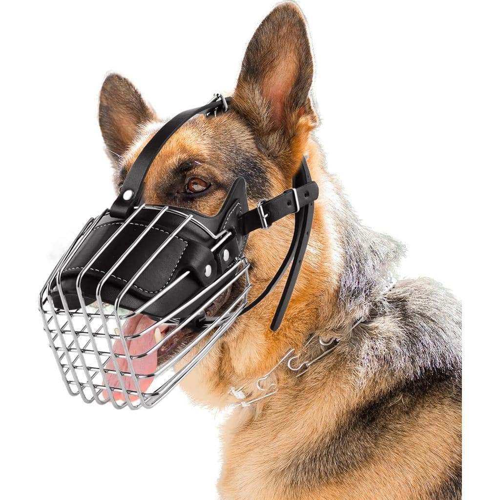 Focinheira para Pastor Alemão e Cães de Porte Médio e Grande, Focinheira de Metal com Alças de Couro Ajustáveis, Focinhe