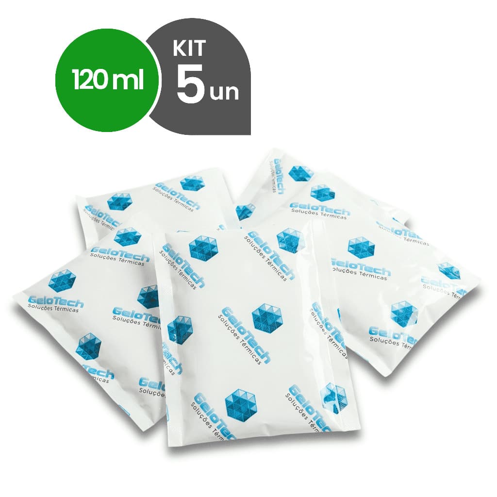 Kit 5 Gelo Reutilizável 120g Até 8h Gelado Não Molha | GeloTech Flexível Gel Artificial Atóxico