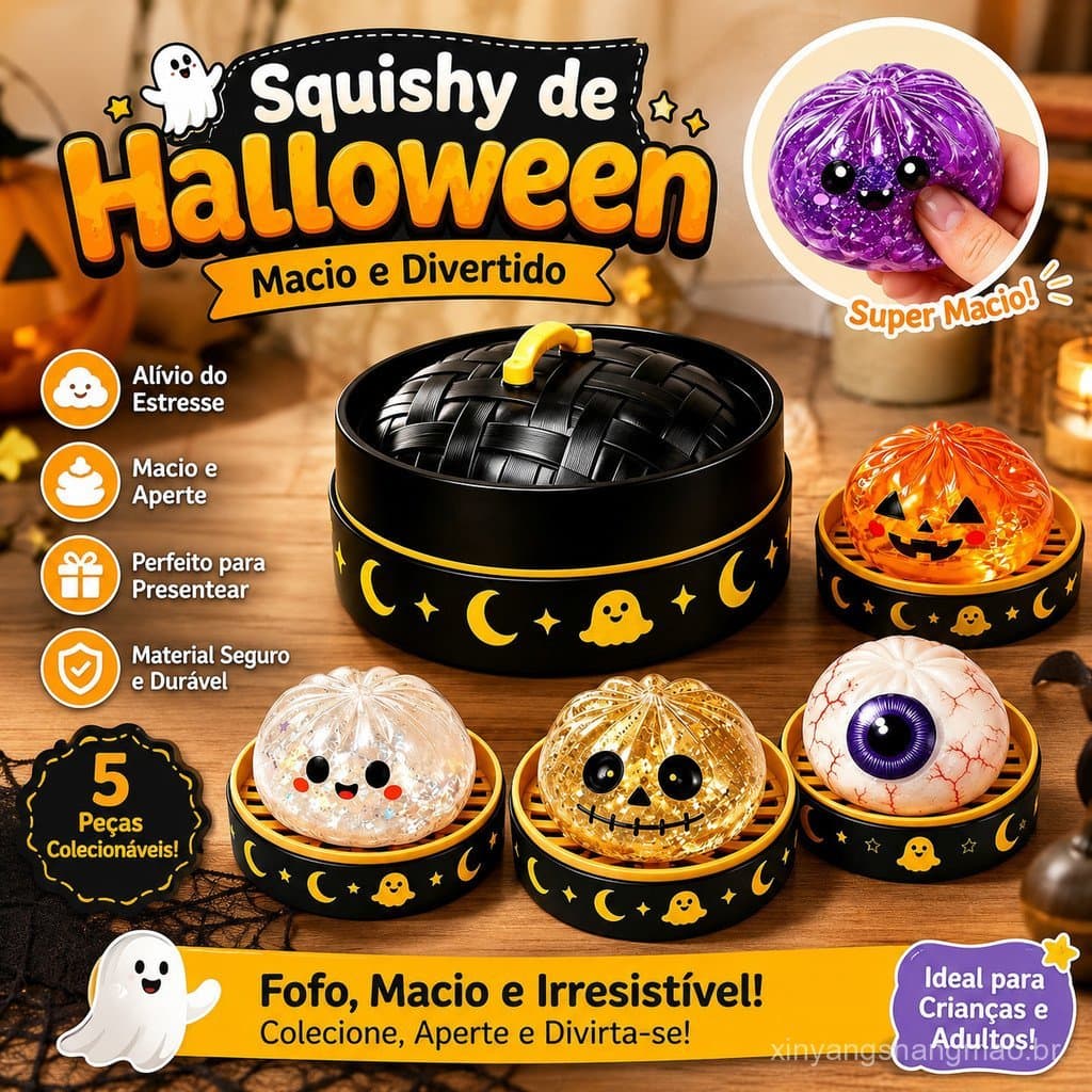 Squishy Halloween Caixa Surpresa Fantasma e Abóbora, Brinquedo Antiestresse Fidget, Presente Criativo