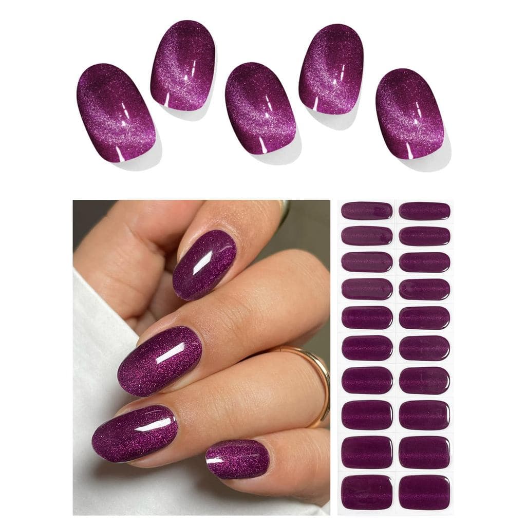 Adesivos de unhas de gel semi-curados (cor ameixa escura), roxo escuro, conjunto de 20 peças de adesivos de unhas de gel