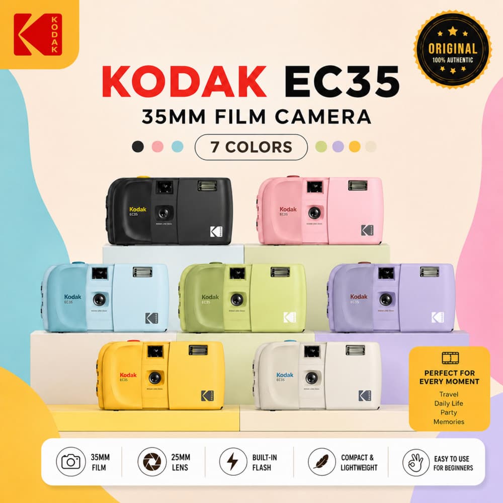 Kodak EC35 Câmera de Filme 35mm Analógica Reutilizável Flash Retrô Vintage Compacta Iniciante Pronta Entrega Fotografia