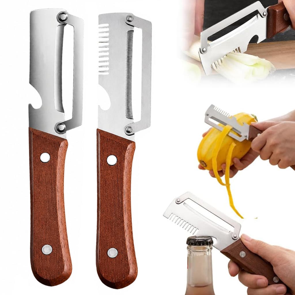 Kit 2 Descascadores de Legumes Premium com Lâmina de Aço Inox, Cabo de Madeira e Abridor de Garrafas