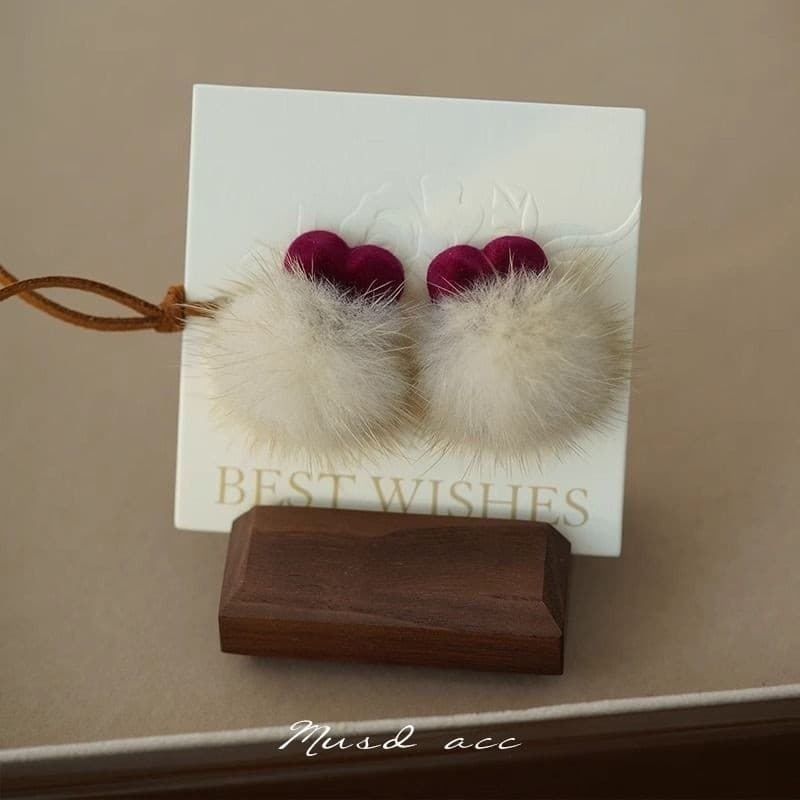 Brincos de pele de vison cor de vinho em formato de coração, estilo veludo, para meninas, para o outono e inverno, brinc