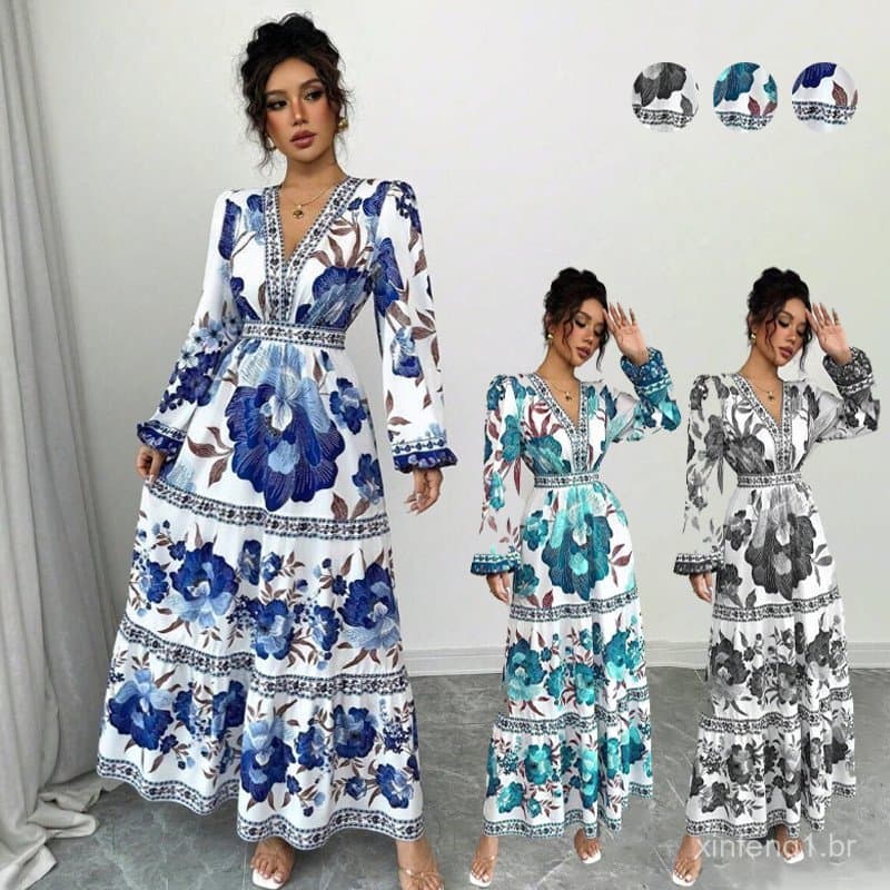 Vestido Casual Feminino para Férias com Mangas, Vestido Floral e Mangas Bufantes, Vestido Azul AXT3