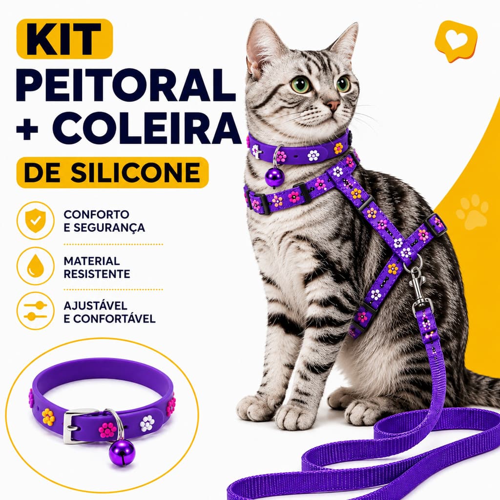 Peitoral para Gato com Guia + Coleira de Silicone Ajustável