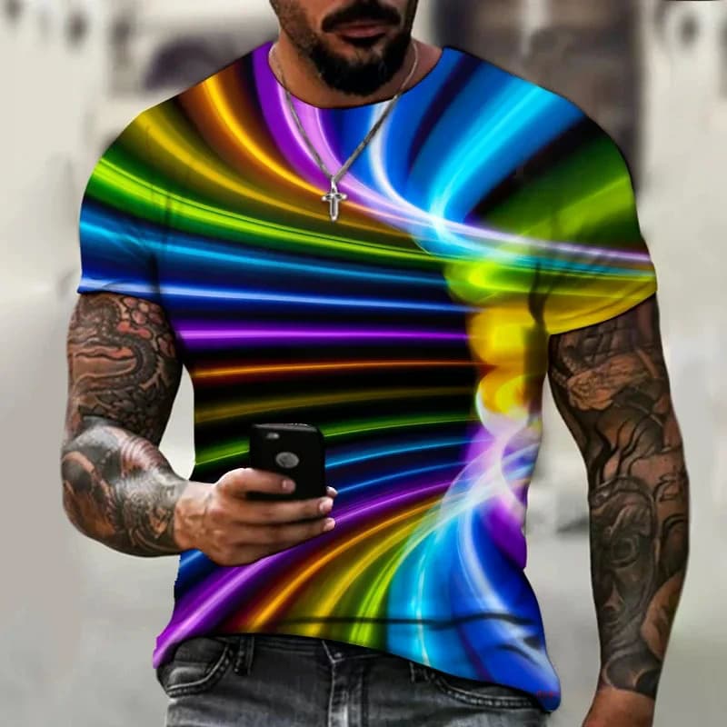 Moda Verão Novo Padrão De Ilusão Óptica Camiseta Masculina Rua Hip Hop Harajuku Em Torno Do Pescoço Plus Size Manga Curt