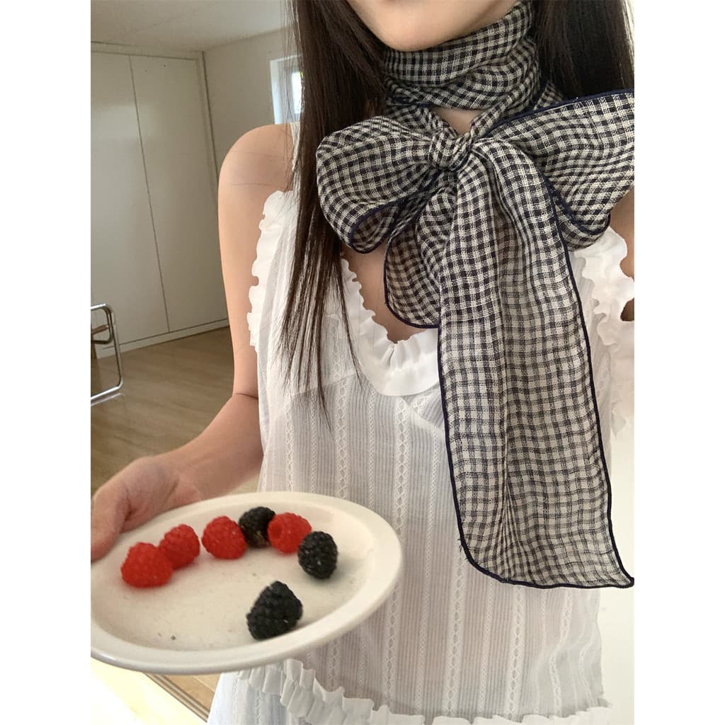 Retro arte vermelho xadrez lenço de seda feminino primavera verão linho fino longo Streamer moda cachecol decoração