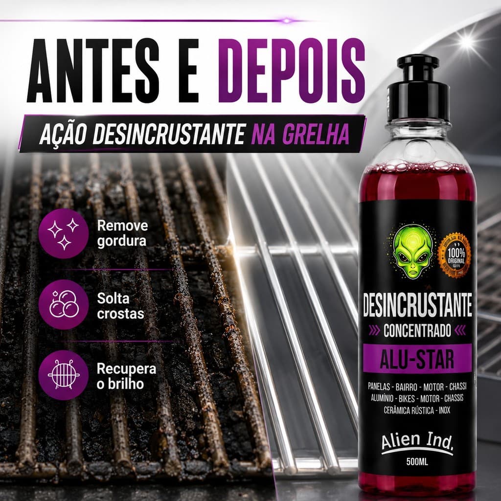 Desincrustante Concentrado para Grelha de Churrasco Remove Gordura 500ml Alien Ind.