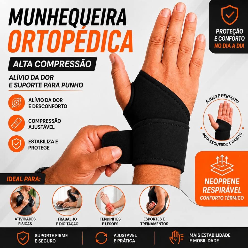 Munhequeira Ortopédica Alta Compressão Ajustável Neoprene Alívio de Dor e Suporte para Punho