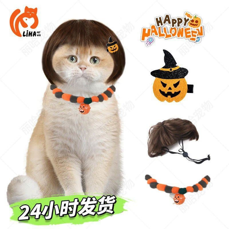 Coleira de fantasia de Halloween para gatos e cães com decoração engraçada de abóbora, cordão elástico, colar com pompom