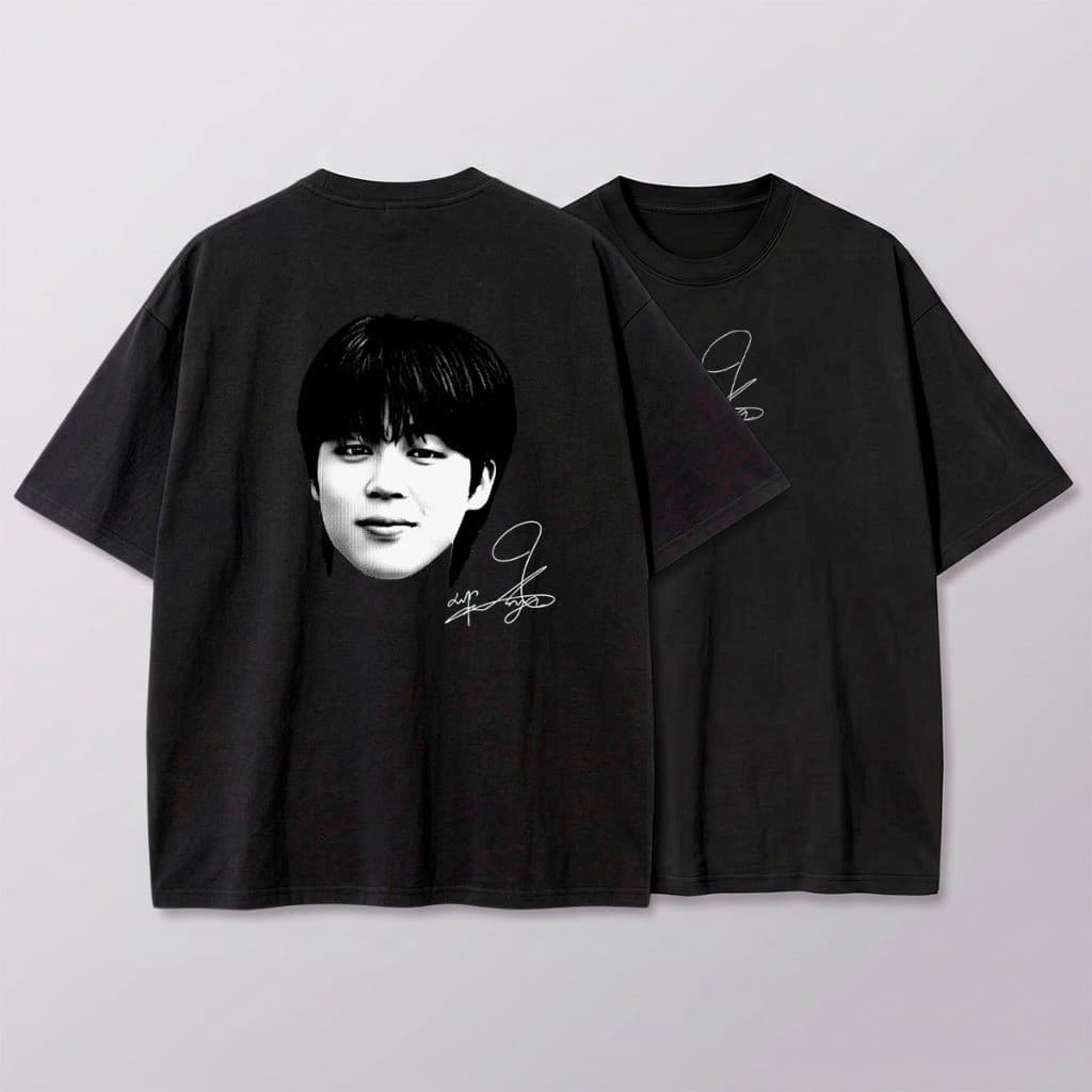 Camiseta Feminina BTS Park Jimin Rosto Assinatura K-pop ARMY Streetwear Unissex Algodão Estampada