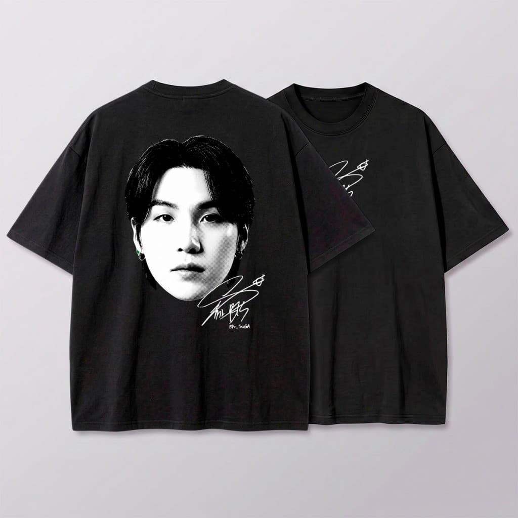 Camiseta Feminina BTS Min Yoongi Suga Rosto Assinatura K-pop ARMY Streetwear Unissex Algodão Premium