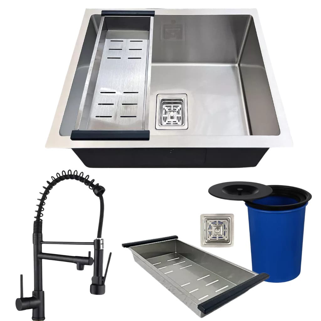 CUBA PREMIUM 44X44 INOX304 TORNEIRA PRETA E LIXEIRA EMBUTIDA