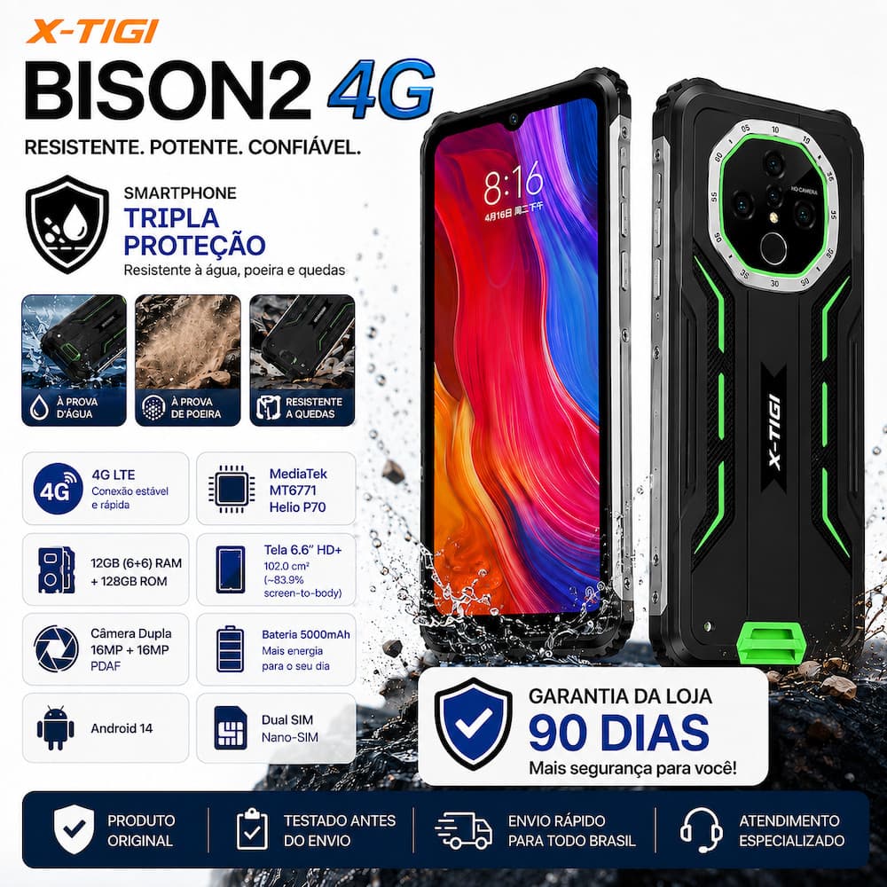 Celular X-TIGI BISON2 4G 12GB (6+6) RAM 128GB Smartphone Rugged Android 14 Bateria 5000mAh Novo