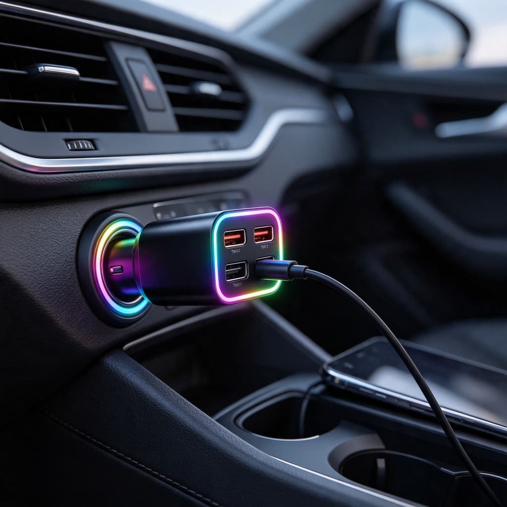 Carregador Veicular USB Turbo 4 Portas, Carregamento Rápido com Luz LED RGB, Para Carro 12V/24V, Para Celulares