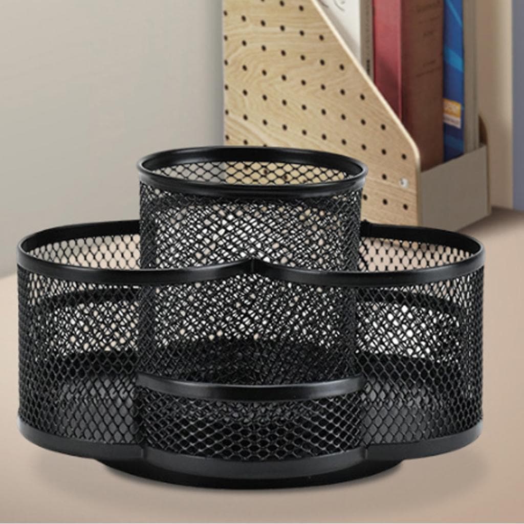 Organizador de mesa de malha com 7 compartimentos, suporte de caneta multifuncional giratório de 360 ​​graus para