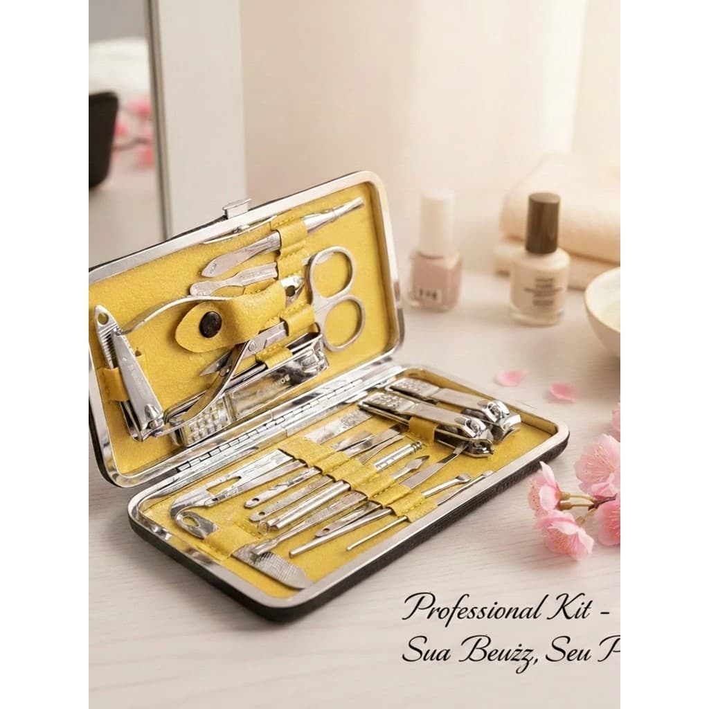 Kit Manicure e Pedicure 19 Peças Aço Inoxidável Alicate Cortador de Unhas Lixa Espátula Estojo Portátil
