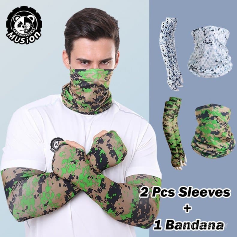 Kit de Proteção Solar para Ciclismo Musion, Conjunto de 2 Peças: Manga Protetora para Braços e Bandana Buff Camuflada, M