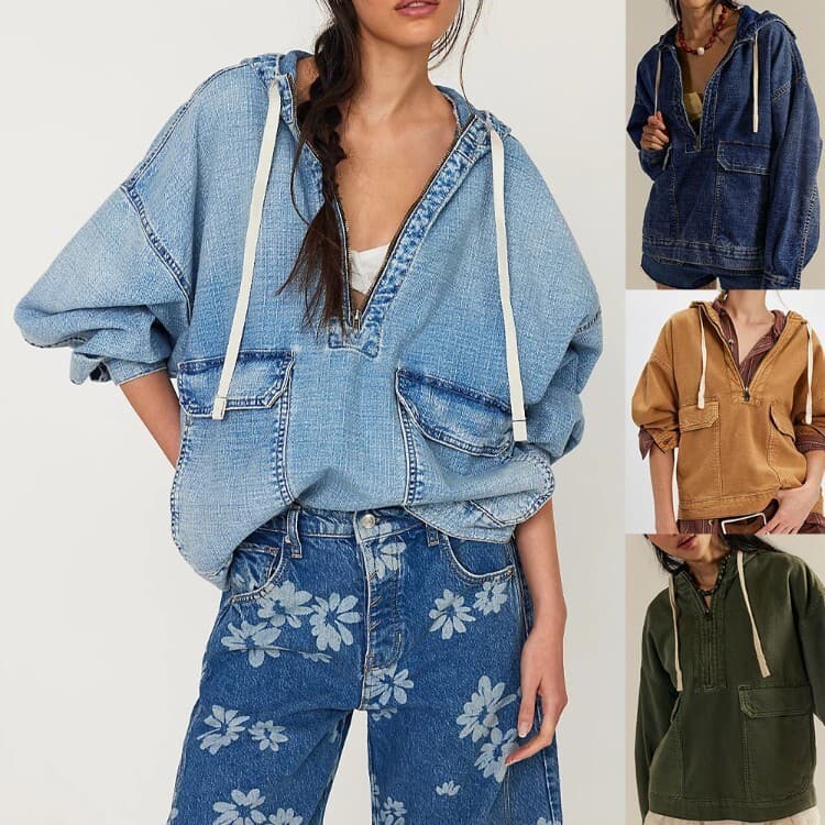 26 Moda Outono Solta Casual Lavagem Com Capuz Denim Top de Manga Comprida