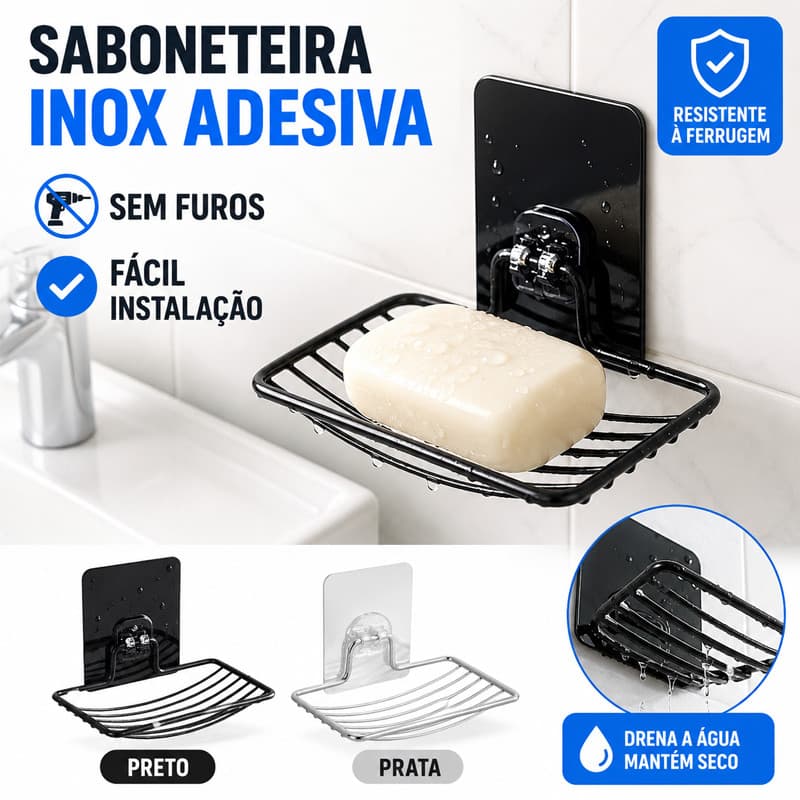 Saboneteira inox adesiva forte, sem furo, para banheiro e cozinha, antiferrugem e fácil de instalar.