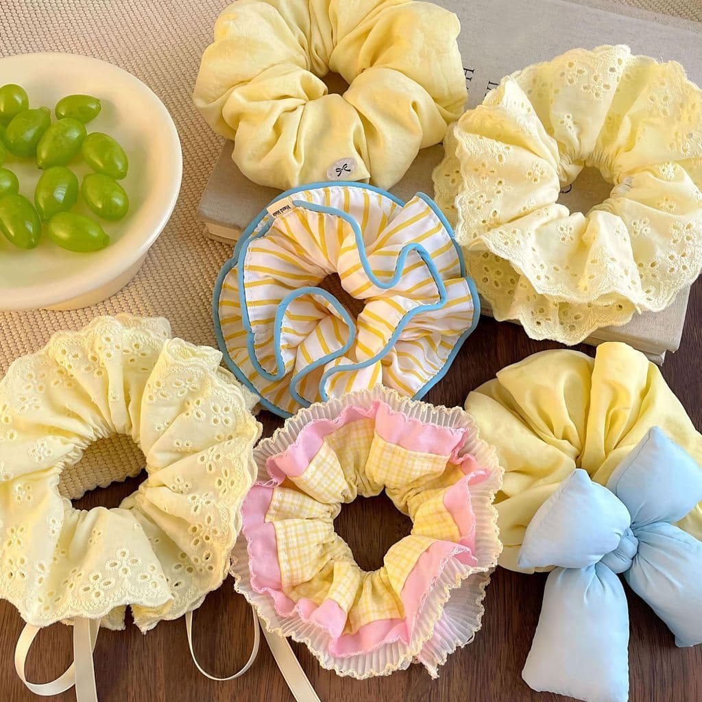 Laço de cabelo cocar estilo coreano listras amarelas Oversized Scrunchy laço de cabelo senhoras francesas bola cabeça gr