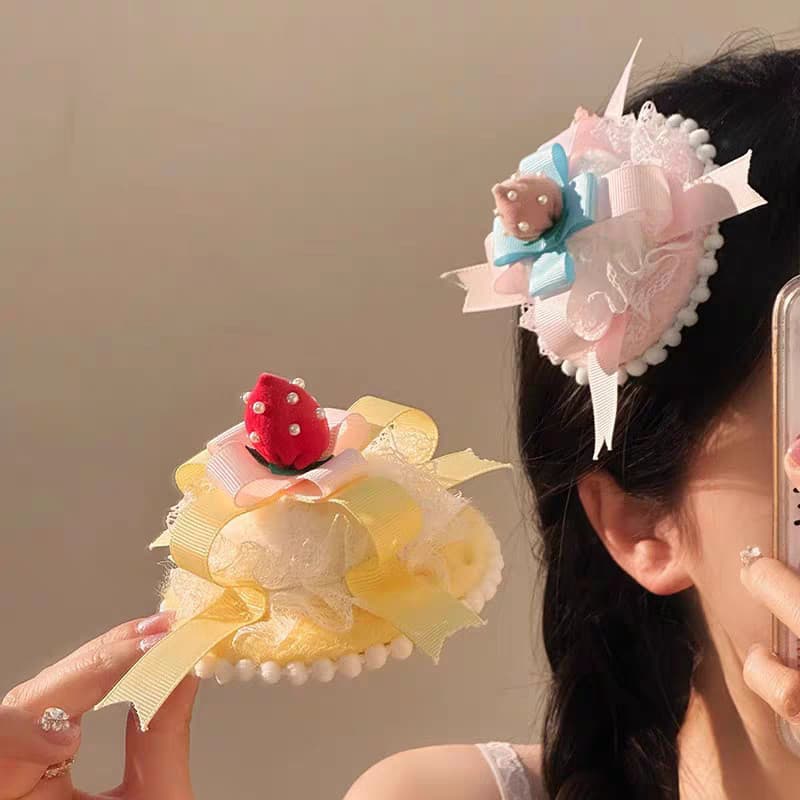 Grampo de cabelo cocar bonito bolo de morango chapéu de aniversário grampo de cabelo menina coração Lolita senhoras atmo