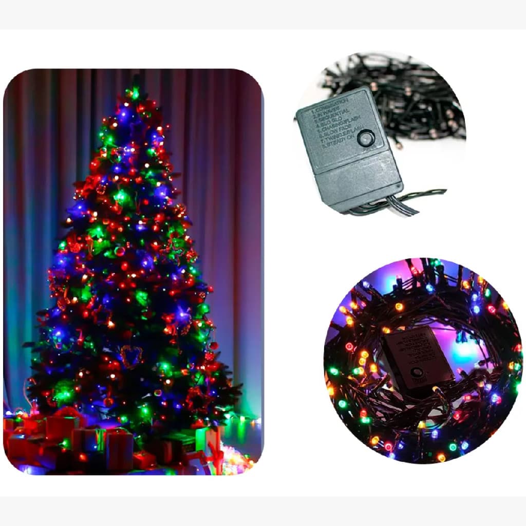 Kit 8 Pisca Pisca colorido 100 Leds fio verde 127V 8 metros Decoração Natal Iluminação