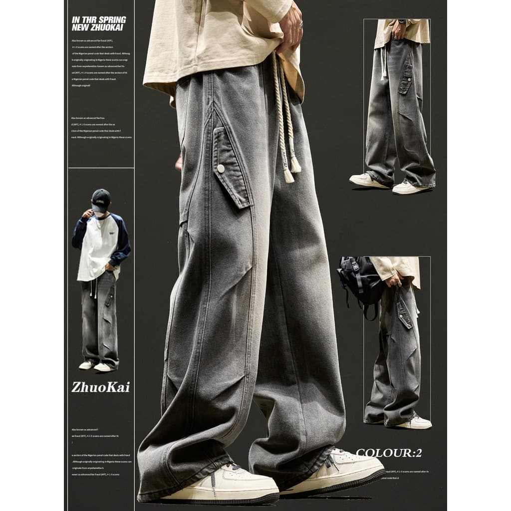 Macacão americano Jeans masculino primavera outono rufião bonito calças retas soltas de perna larga calças casuais outon