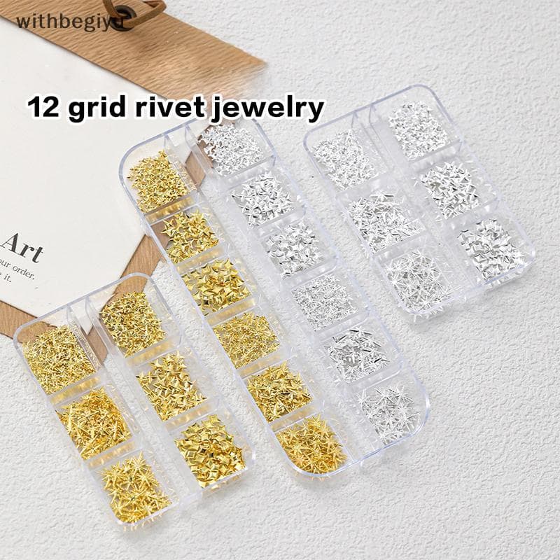 dfd 6/12 Grades Mix Prego Rebite Studs Ouro/Prata Estrelas Luz Encantos Da Arte Do Acessórios Das Manicure Suprimentos