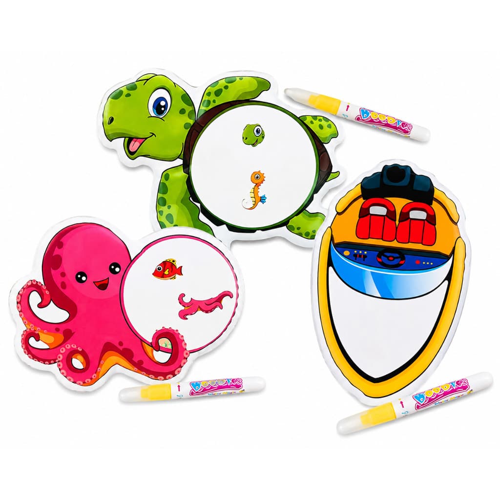 Kit 3 Livros Mágicos de Banho Infantil com Água Tartaruga Polvo Barco Brinquedo Educativo Criativo Canetinhas