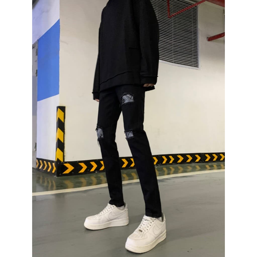 Calças de brim masculinas estiramento Casual na moda All-Match calças pretas rasgadas remendo calças masculinas magro-aj