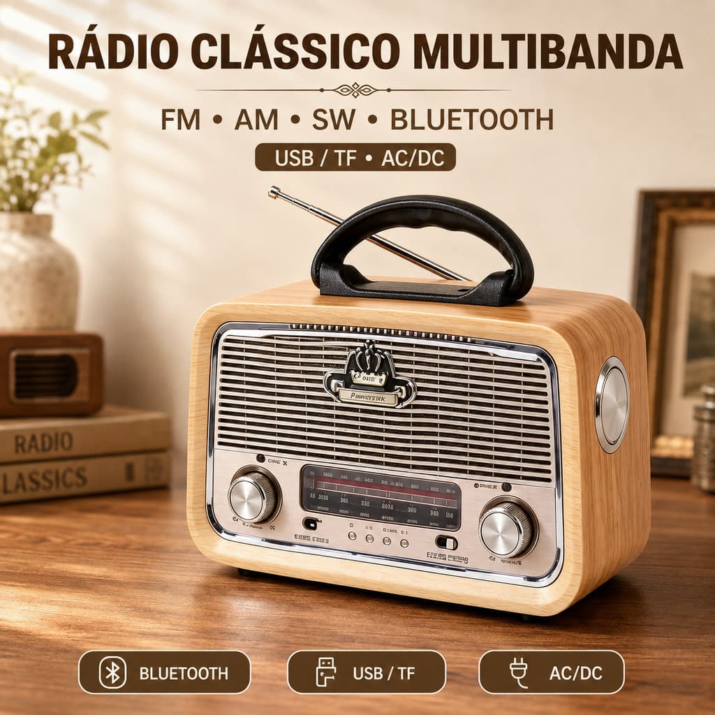Rádio Retrô Portátil FM/AM/SW com Bluetooth, USB/TF e Bateria Recarregável