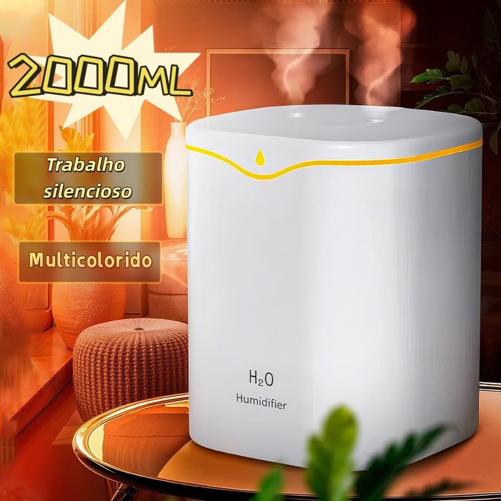 Umidificador Grande De Ar 2 Litros Para Quarto Silencioso e Aromatizador Saída Dupla Luzes Coloridas