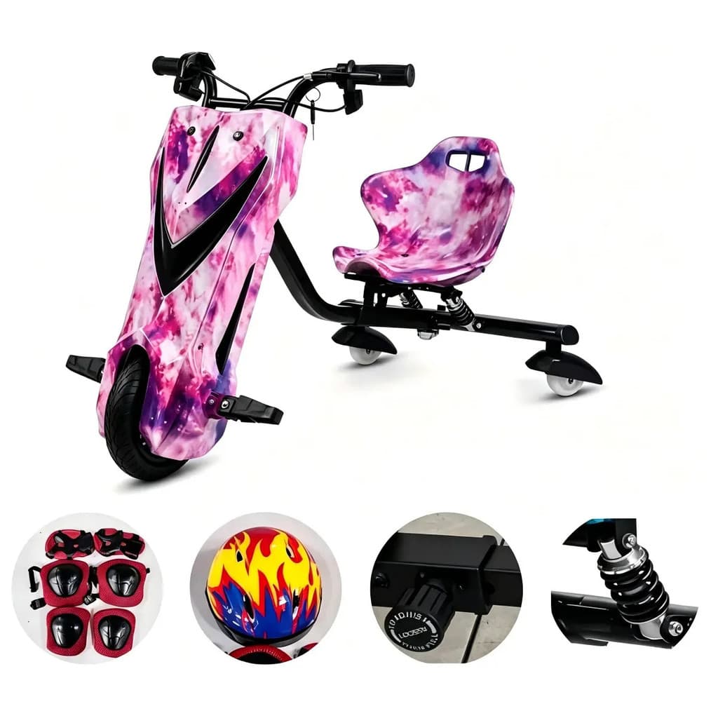 Triciclo Drift Elétrico Infantil com Motor 350W, Bluetooth e LED, com Capacete e Joelheira Rgb +brinde - Rosa