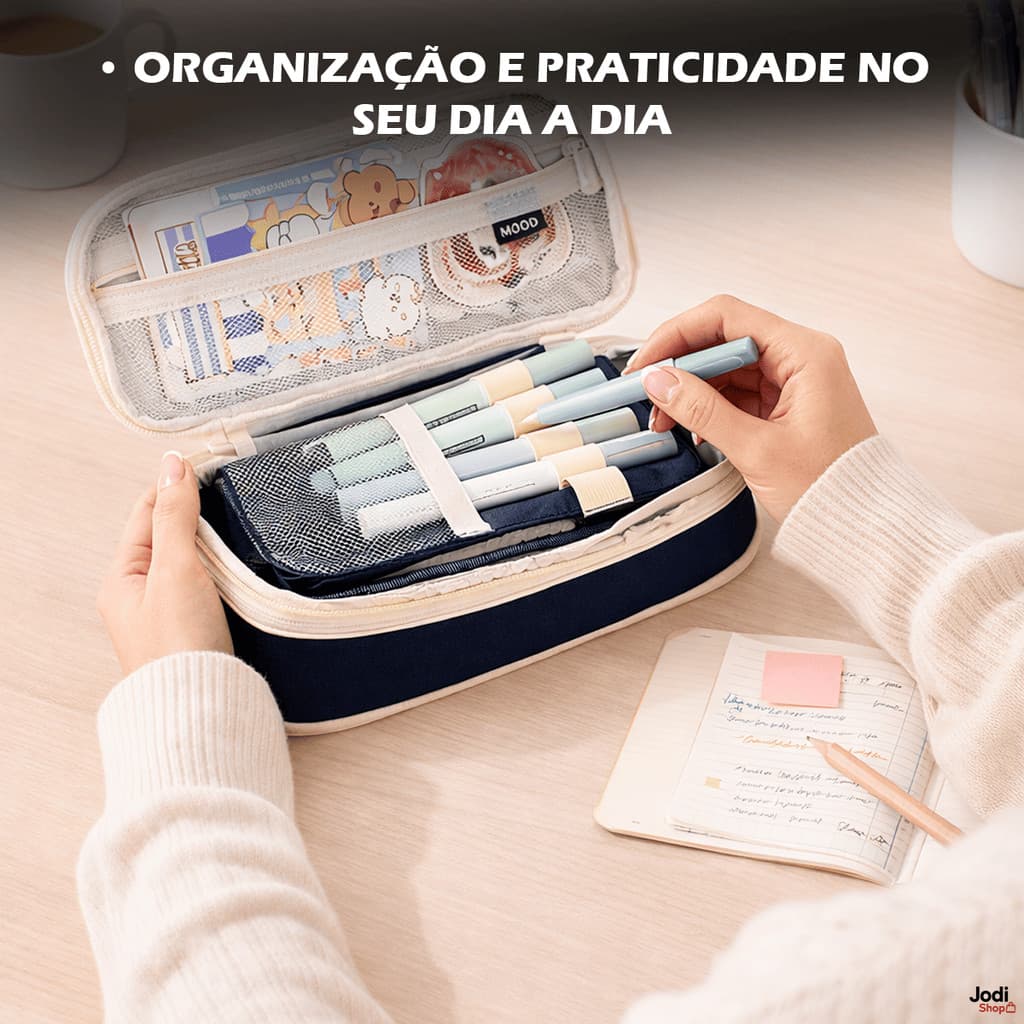 Estojo Escolar Grande Expansível com Divisórias Bolso em Tela e Zíper para Canetas e Lápis
