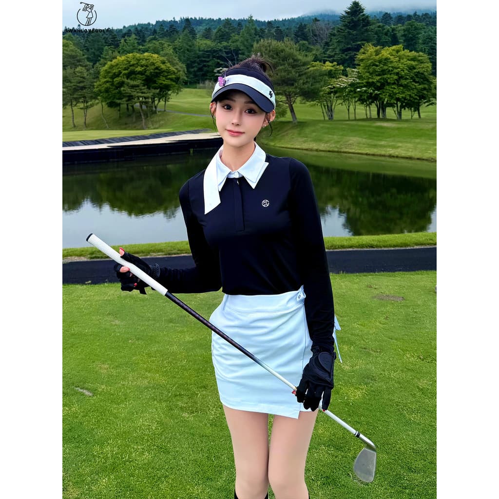 Terno feminino de golfe verão gelo seda protetor solar manga comprida contraste cor lapela topo cintura alta mais magro