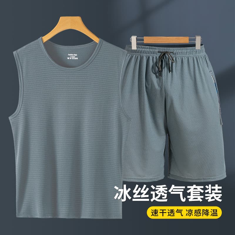 Terno de seda gelo verão esportes masculinos correndo colete de secagem rápida fino sem mangas colete solto Shorts calça