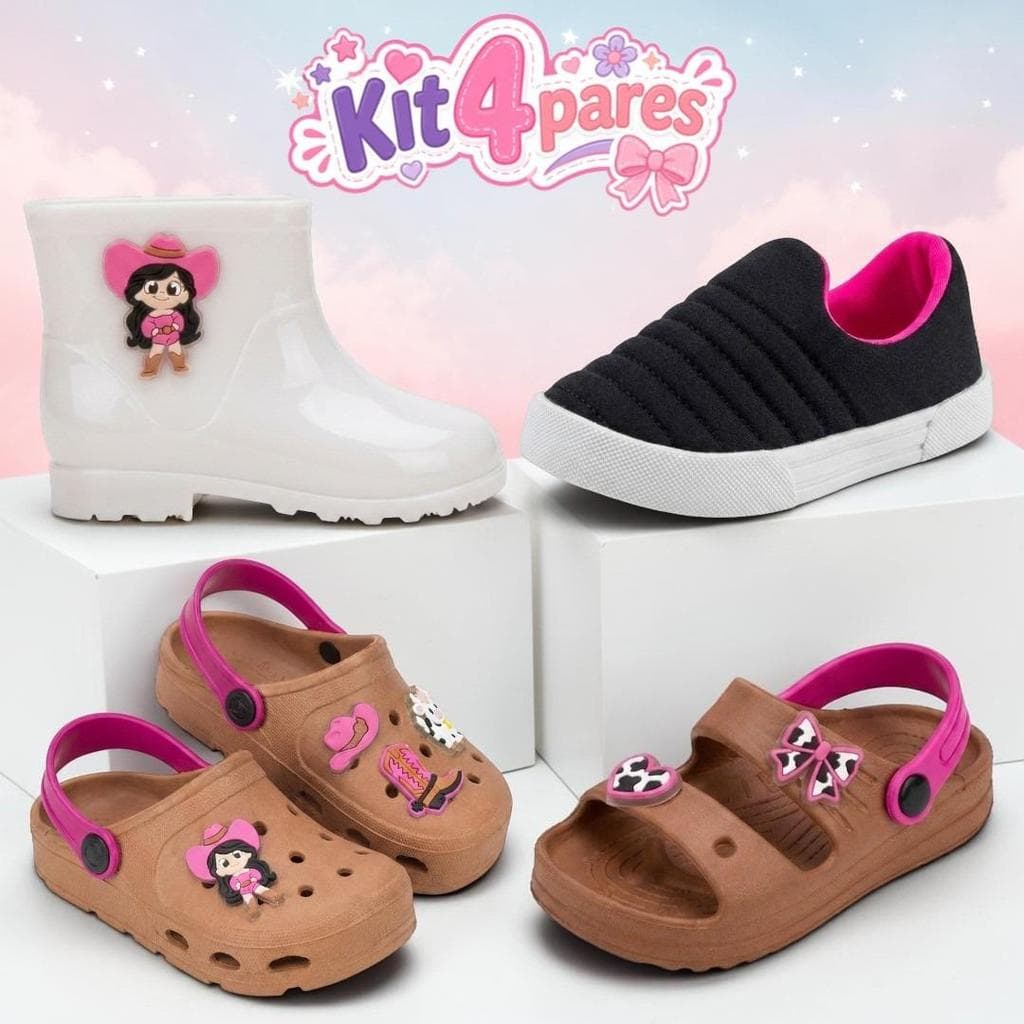 Kit 4 Pares Tênis Calce Fácil Sandália Babuche Infantil Galocha Bota Menina Confortável Lançamento