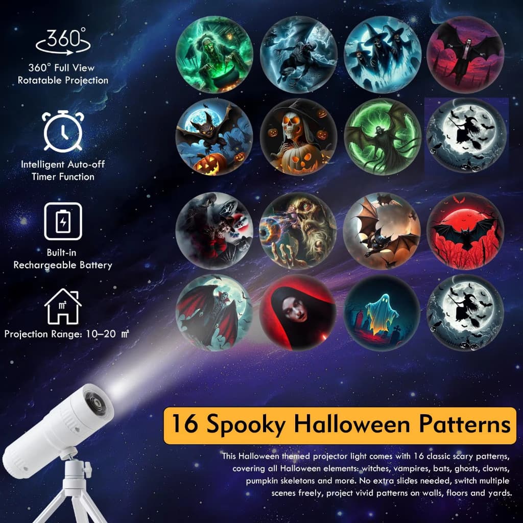 Lâmpada De Projeção De Atmosfera LED Em Forma De Telescópio Portátil USB Recarregável 16 Padrões De Terror Projetor Cria