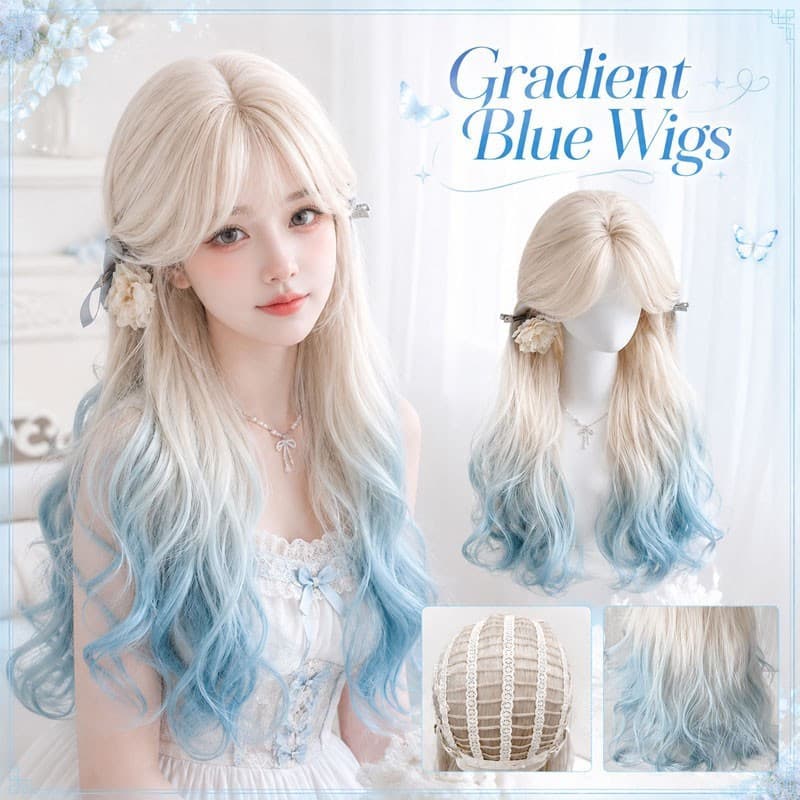 Gradiente Luz Azul Longo Ondulado Peruca Anime Cosplay Parte Média De Cabelo Sintético