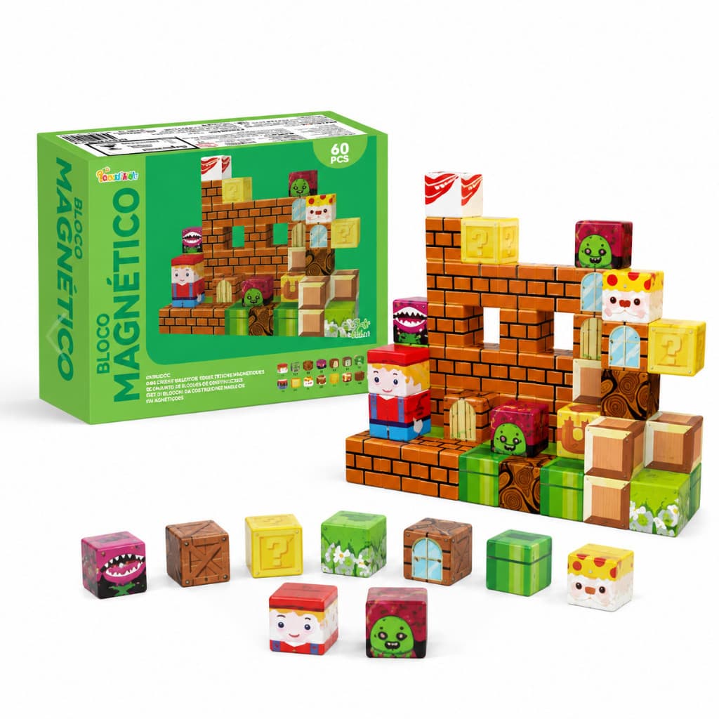 Blocos Magnéticos 60 Peças de Construção, Brinquedo Educativo para Montar, Criativo, Infantil e Presente para Crianças