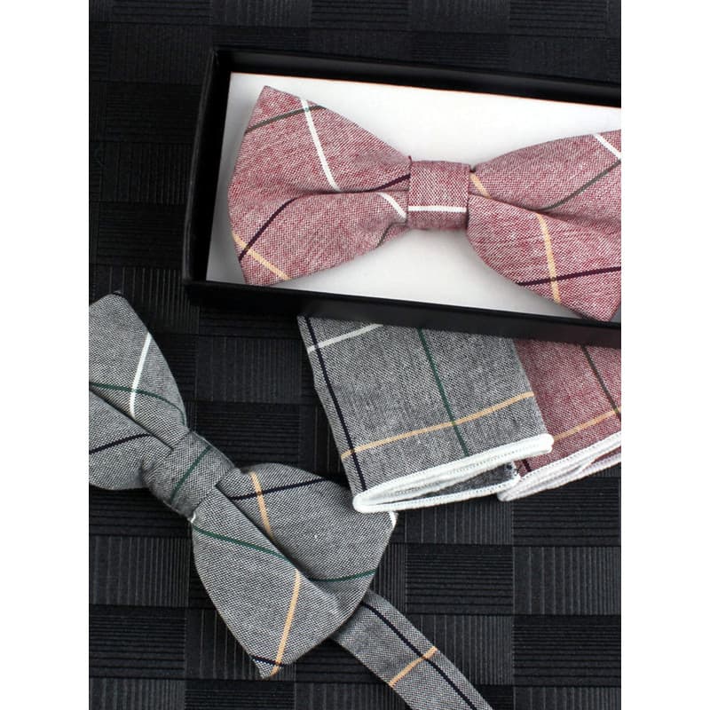 Masculino Casual verificado algodão gravata borboleta rosa cinza mais lenço quadrado conjunto de fio de casamento tingid