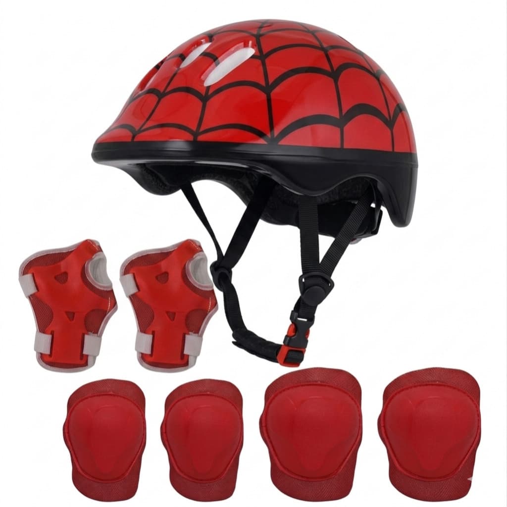 CAPACETE INFANTIL ARANHA COM JOELHEIRA COTOVELEIRA BIKE PATINS ESPORTE KIT PROTEÇAO INFANTIL