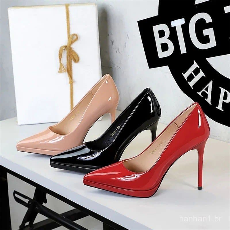 Sapatos de Salto Alto de Moda para Banquete, Salto Fino, Couro Envernizado, Bico Fino, Salto Ultra Alto, Plataforma Impe