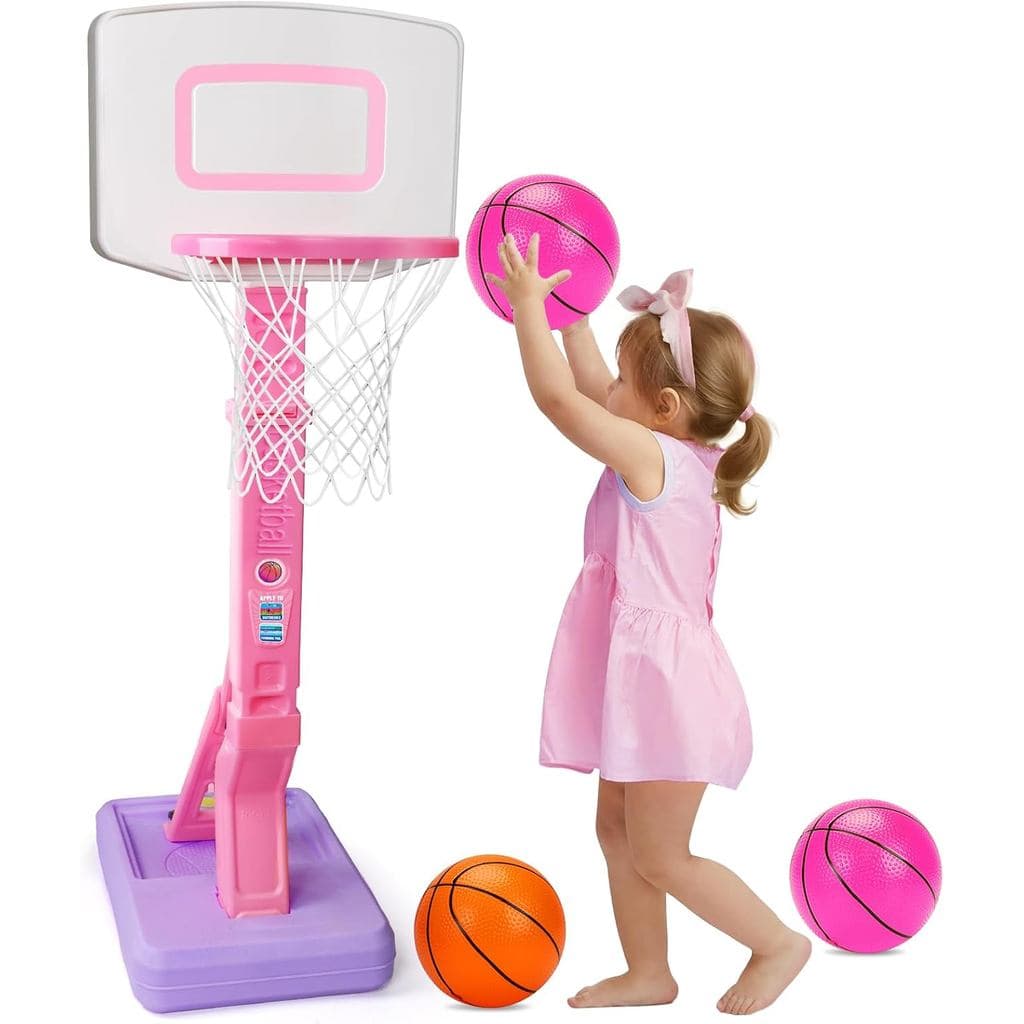 Cesta de Basquete Rosa para Crianças de 1 a 3 Anos, Cesta de Basquete Ajustável com 3 Bolas para Brincadeiras Internas e