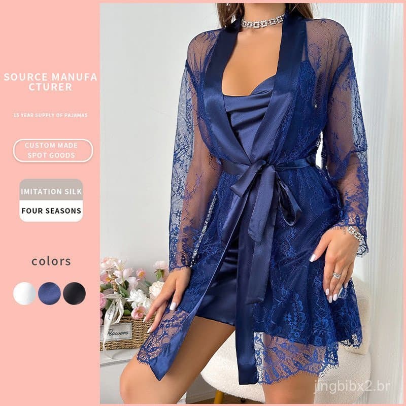 Camisola de malha com acabamento em renda, roupa de dormir transparente para mulheres, adequada para uso doméstico 7.21