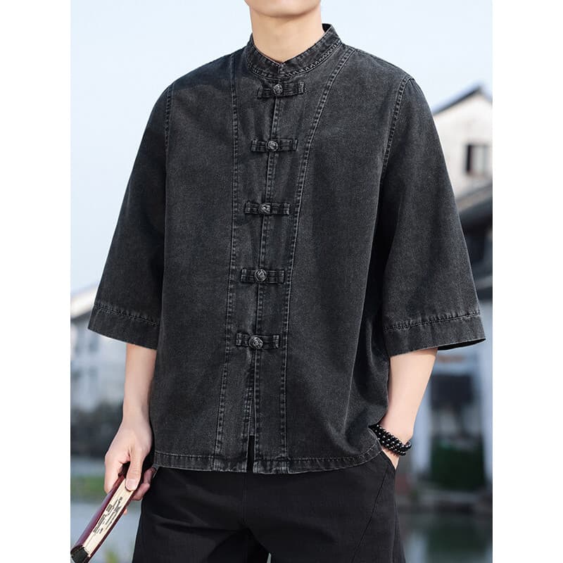 Retro lavado Denim camisa masculina manga de três quartos verão solto tamanho grande estilo chinês de manga curta Tang t