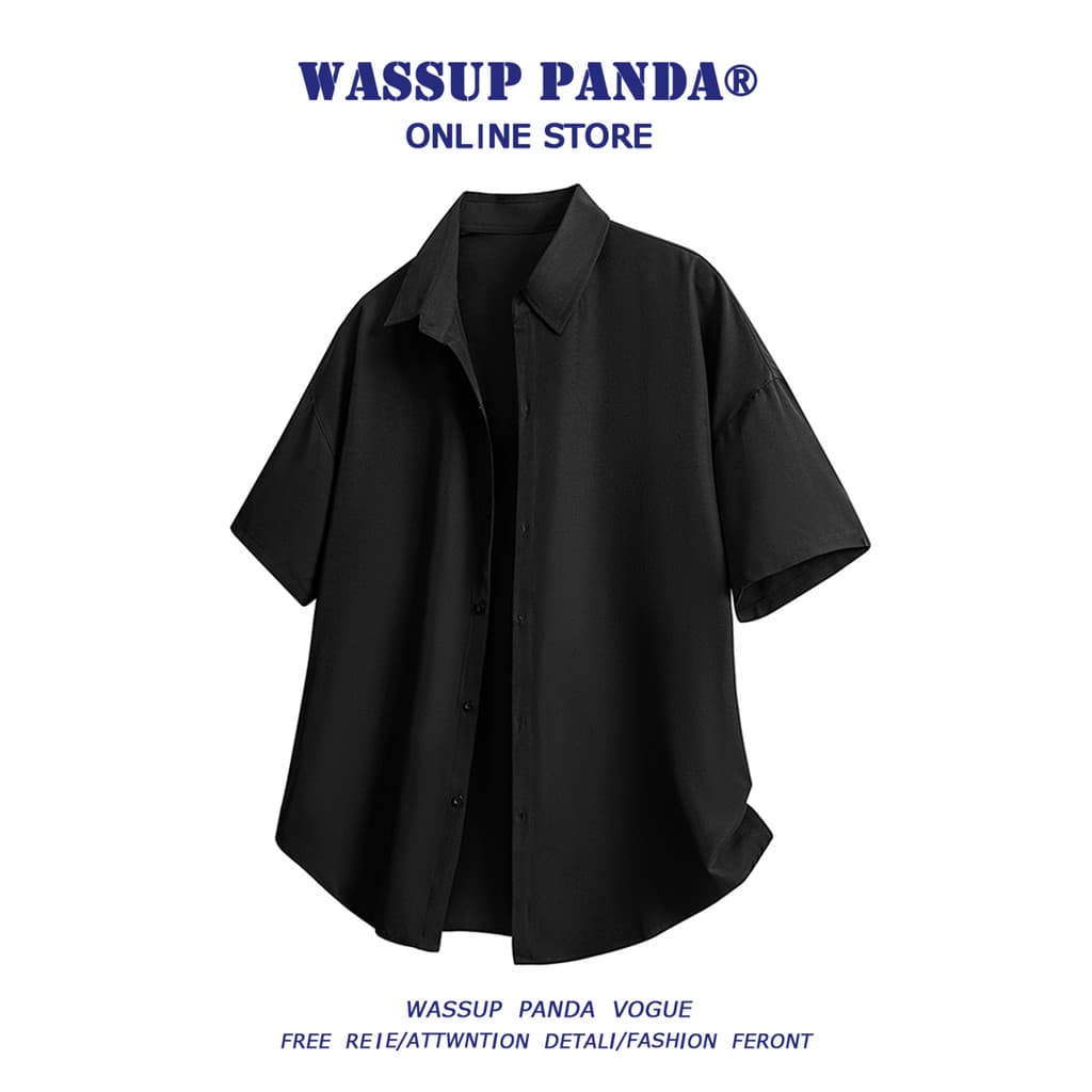 WASSUP PANDA Drape Ice Silk Preto Camisa de manga curta masculina verão solta Casual camisa de meia manga jaqueta